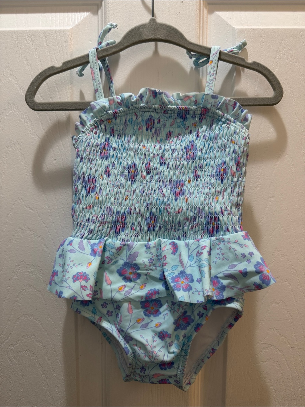 Girl's Light Blue Floral One-Piece Swimsuit with Ruffle Waist
